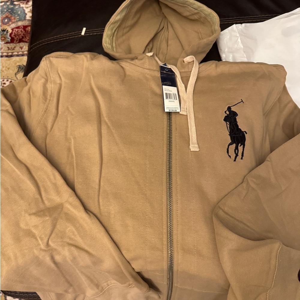 Ralph Lauren Tan Zip-Up Hoodie with Black Polo Player Embroidery